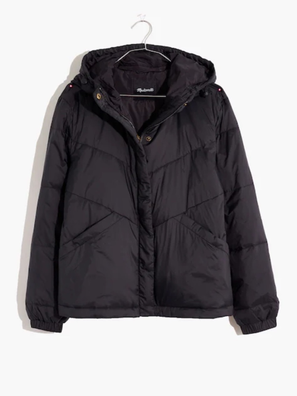 Madewell Black Chevron Quilted Hooded Packable Puffer Jacket